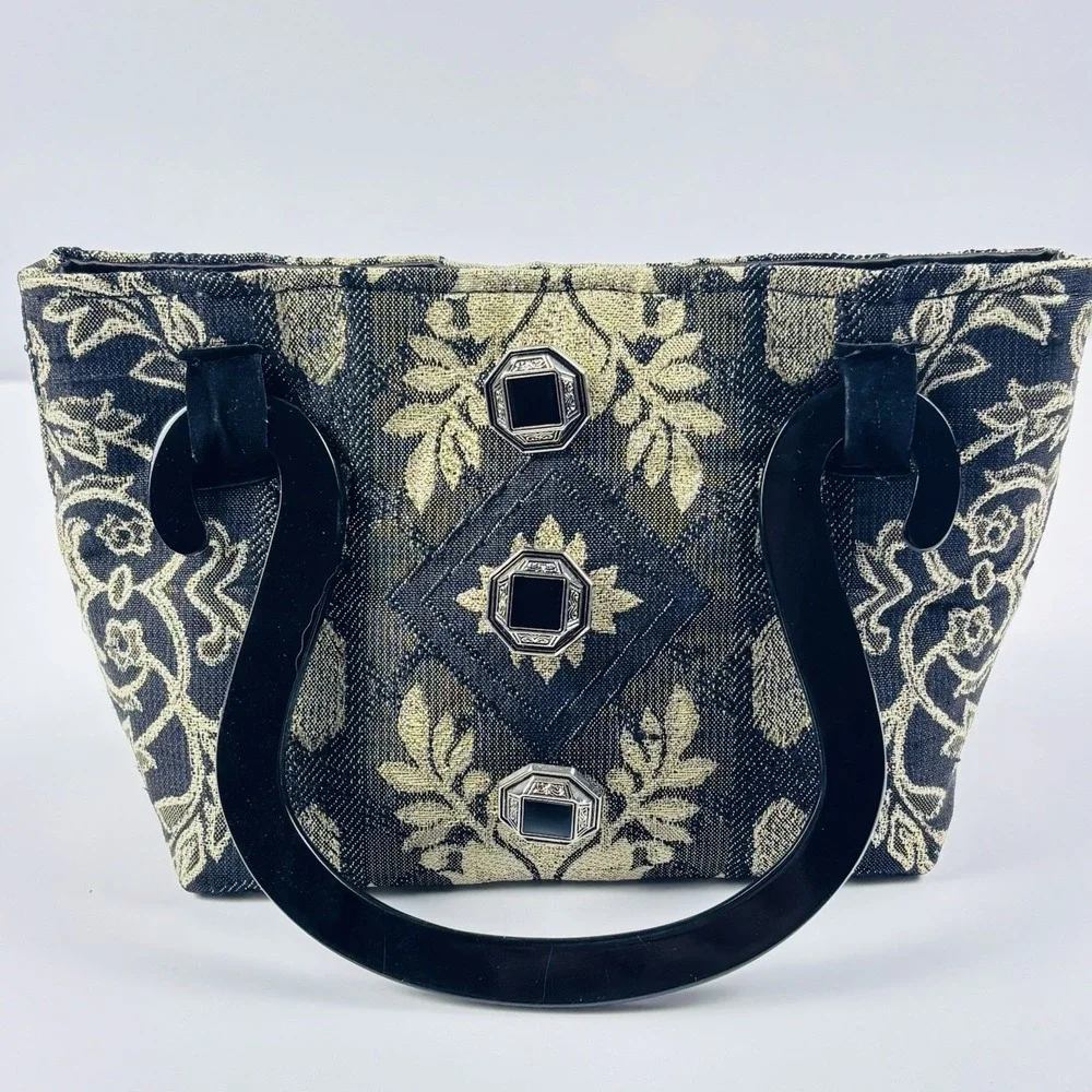 Sonia Rose Tapestry Purse Gothic Black Bag Plastic Handles‎ Victorian Carpet Bag